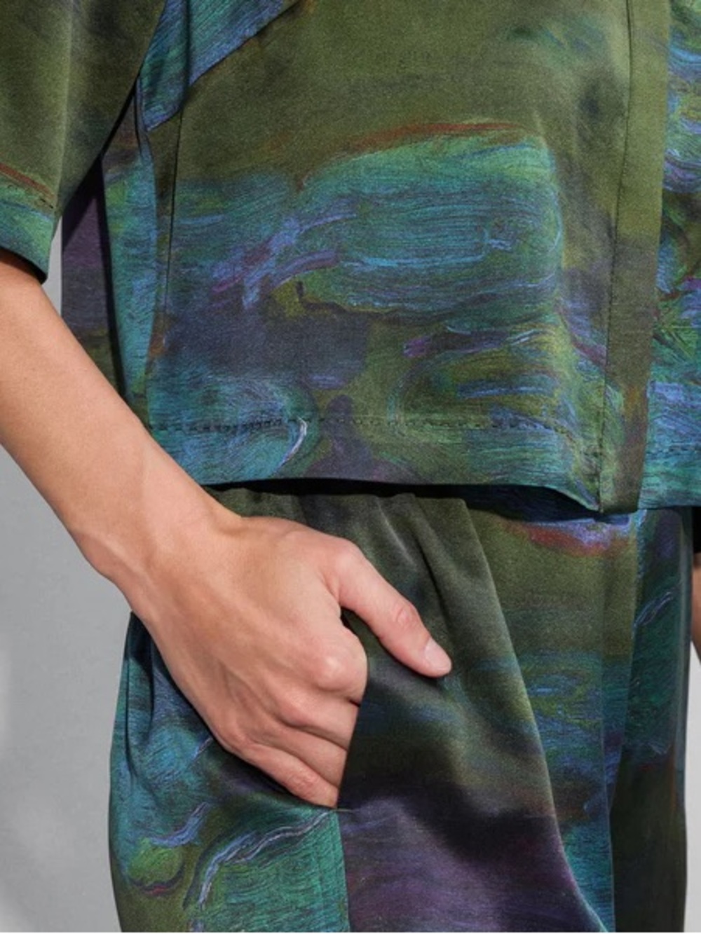 lunya lacmaGreen Waterlily-Print Wide-Leg Pajama Pant Washable Silk High Rise - Picture 3 of 4